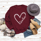 Teacher Heart Letters Round Neck Loose Bottoming Large Size Long-sleeved Sweater Women