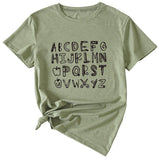 ABCDEFGHIJKIMMN Letter Print Women's New Crewneck Short Sleeve Shirt for Summer