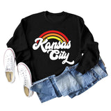 Sweat-shirt à manches longues imprimé lettre arc-en-ciel Kansas City pour femme