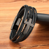 Luxury Multicolor Cross Design Classic Stainless Steel Mens Leather Bracelet 19/21/23 cm Choose Handsome Mens Christmas Gifts