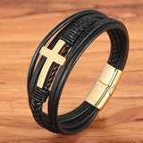 Luxury Multicolor Cross Design Classic Stainless Steel Mens Leather Bracelet 19/21/23 cm Choose Handsome Mens Christmas Gifts