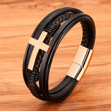 Luxury Multicolor Cross Design Classic Stainless Steel Mens Leather Bracelet 19/21/23 cm Choose Handsome Mens Christmas Gifts
